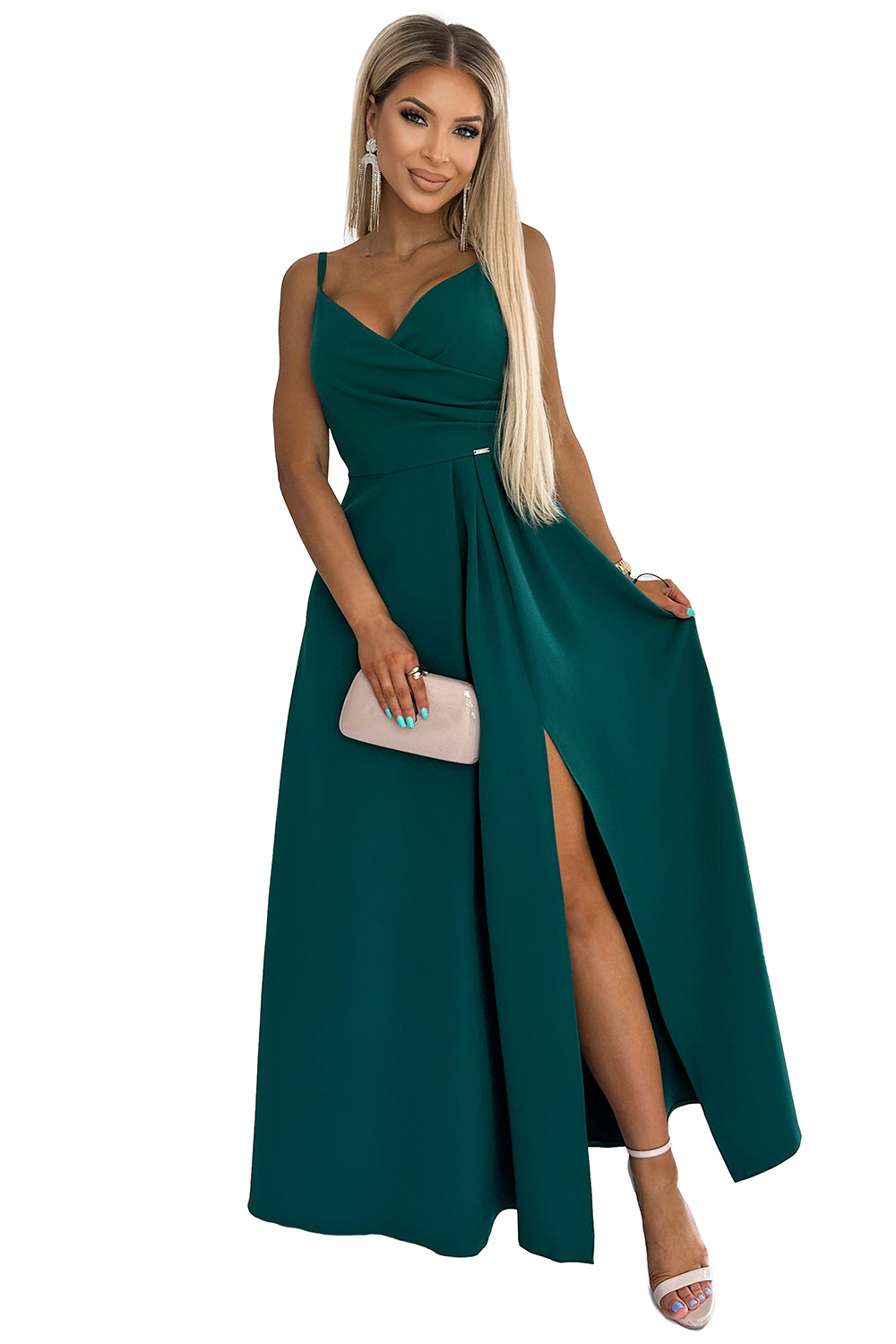 299-11 CHIARA elegantiška maxi ilga suknelė ant petnešėlių - ŽALIA