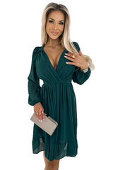 538-2 MILA Chiffon midi suknelė ilgomis rankovėmis ir iškirpte - žalia