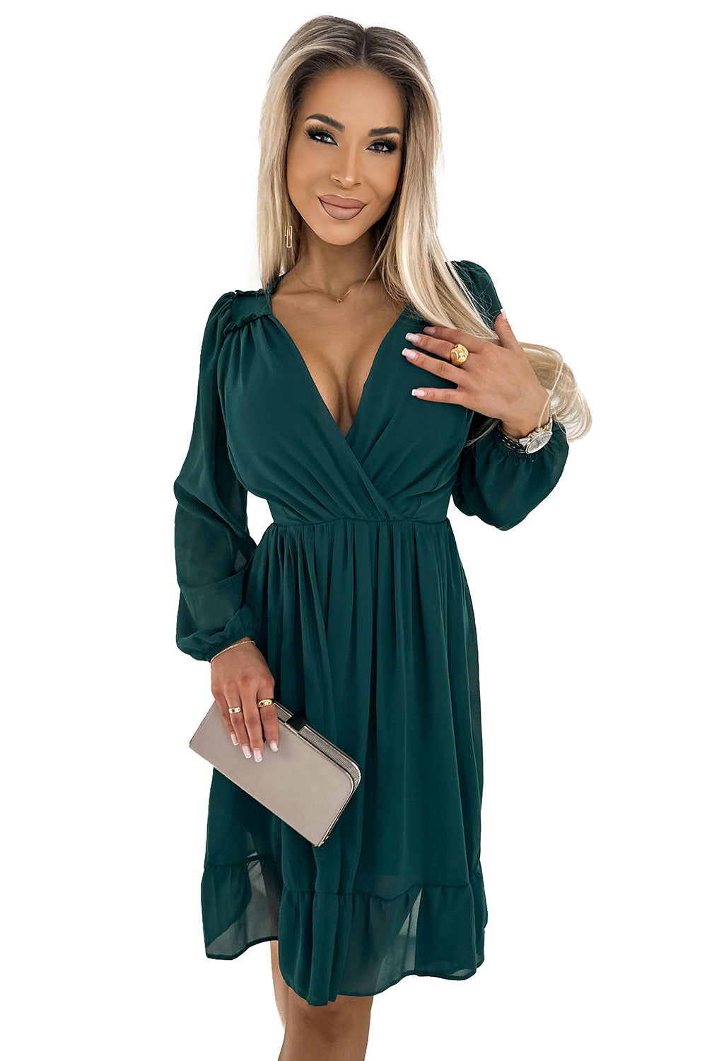 538-2 MILA Chiffon midi suknelė ilgomis rankovėmis ir iškirpte - žalia