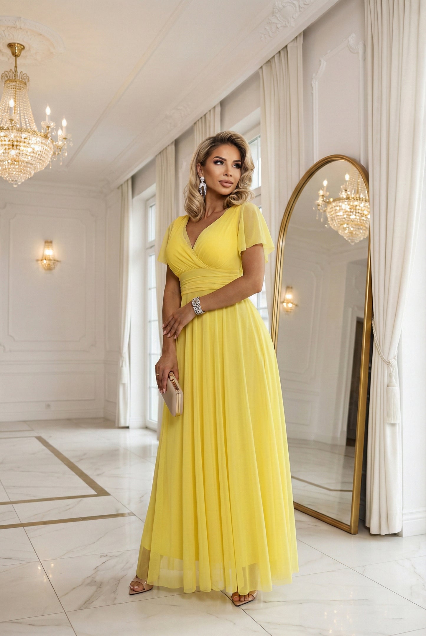 562-8 NASTIA Ilga suknelė su iškirpte, raišteliu ir trumpomis rankovėmis - citrininė limoncello