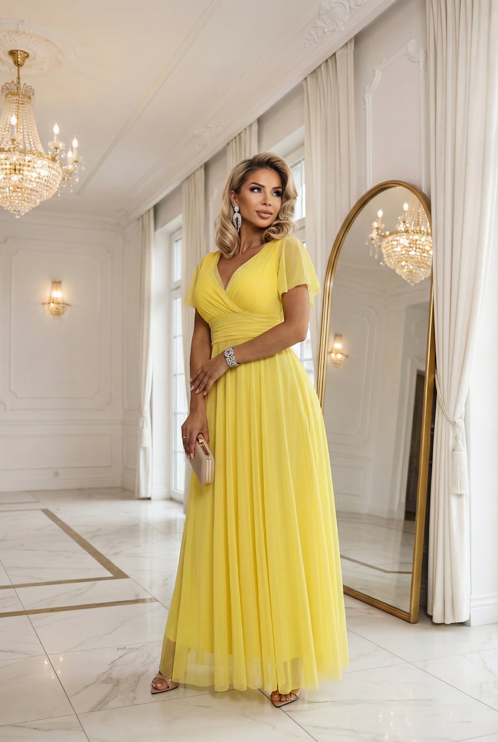 562-8 NASTIA Ilga suknelė su iškirpte, raišteliu ir trumpomis rankovėmis - citrininė limoncello