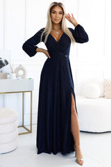572-1 NELA blizgi ilga suknelė su iškirpte ir ilgomis rankovėmis - tamsiai mėlyna