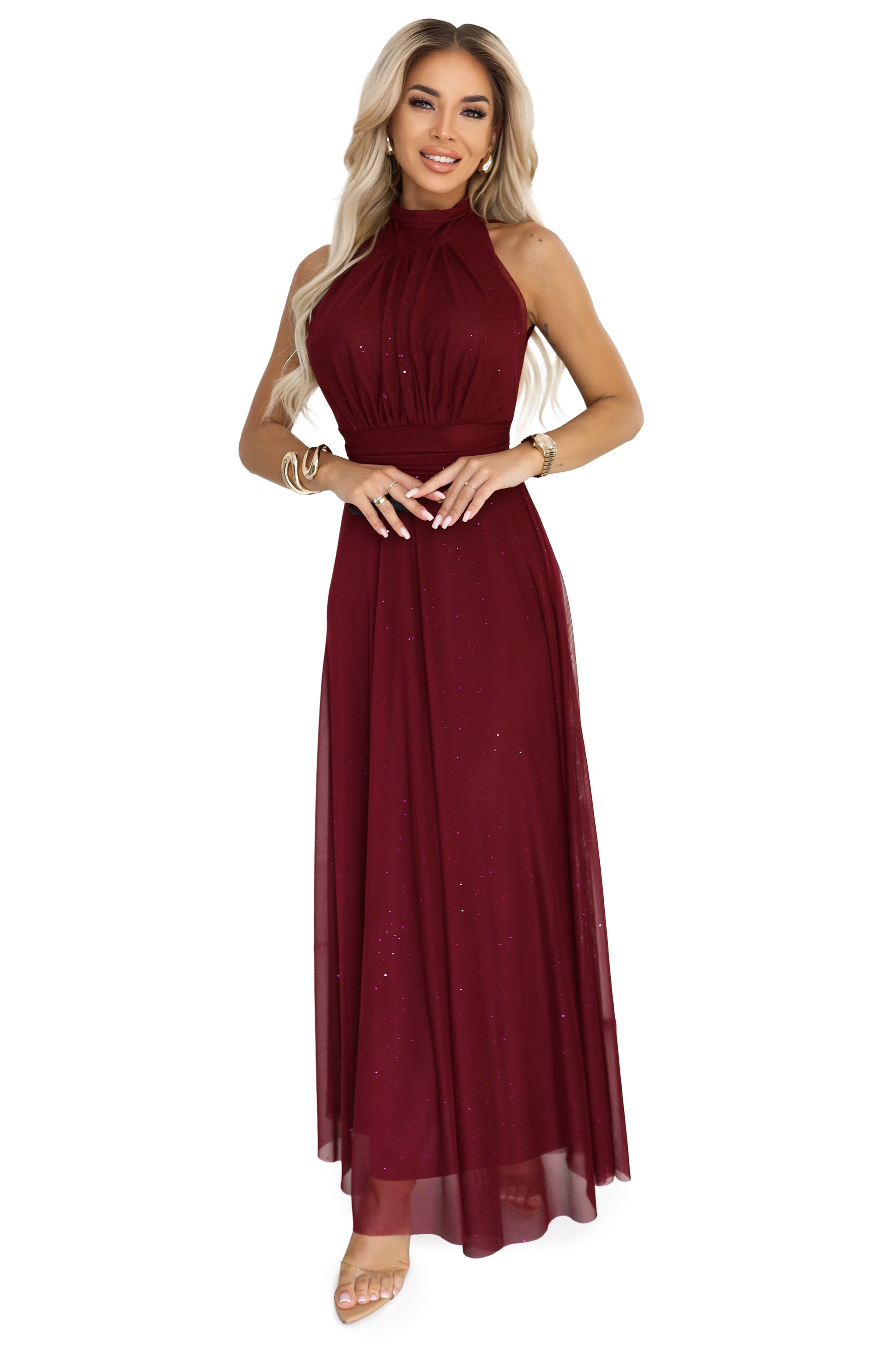 636-1 VERONICA Prabangi ilga suknelė su brokato akcentu ir elegantiška forma - bordo spalvos