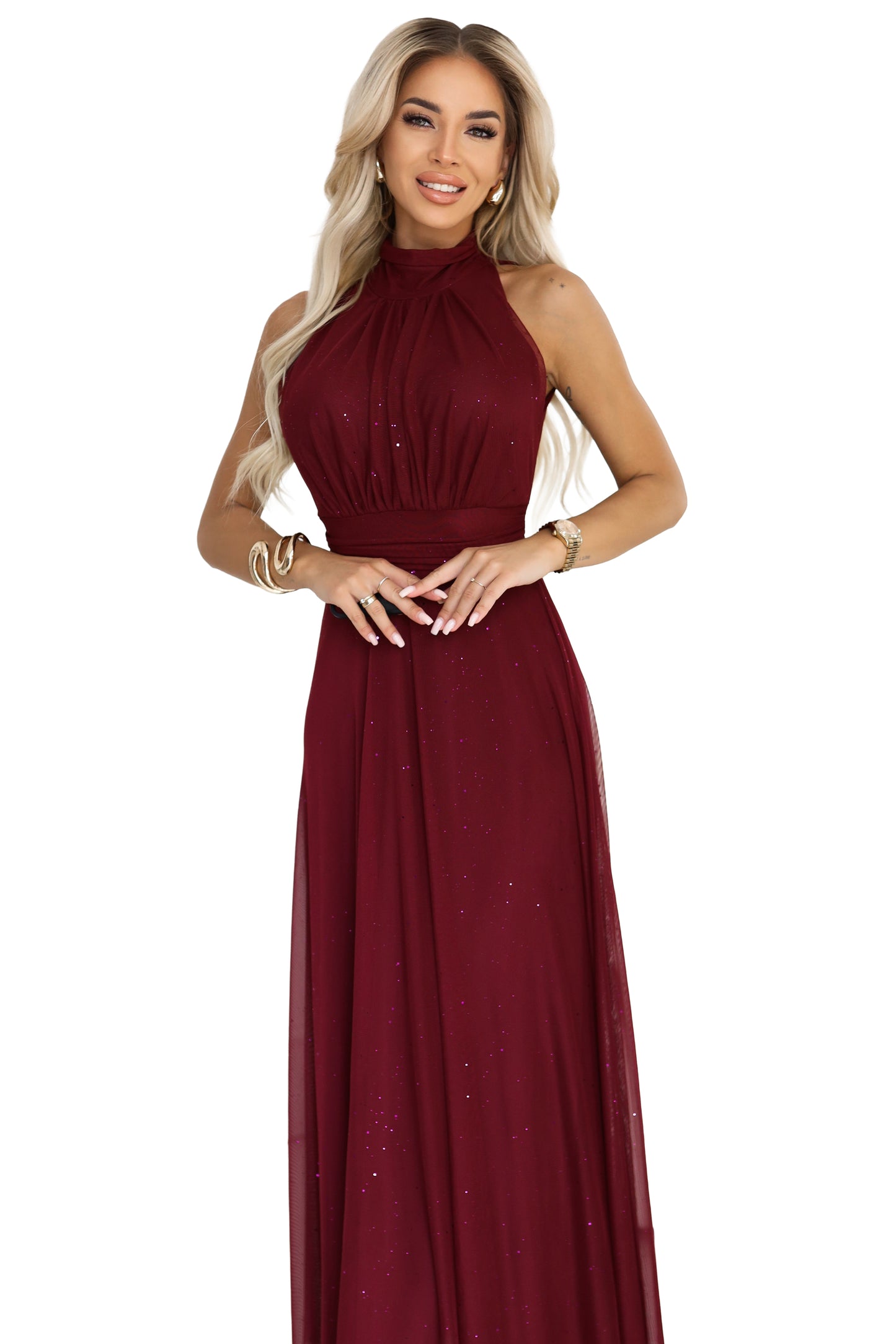 636-1 VERONICA Prabangi ilga suknelė su brokato akcentu ir elegantiška forma - bordo spalvos
