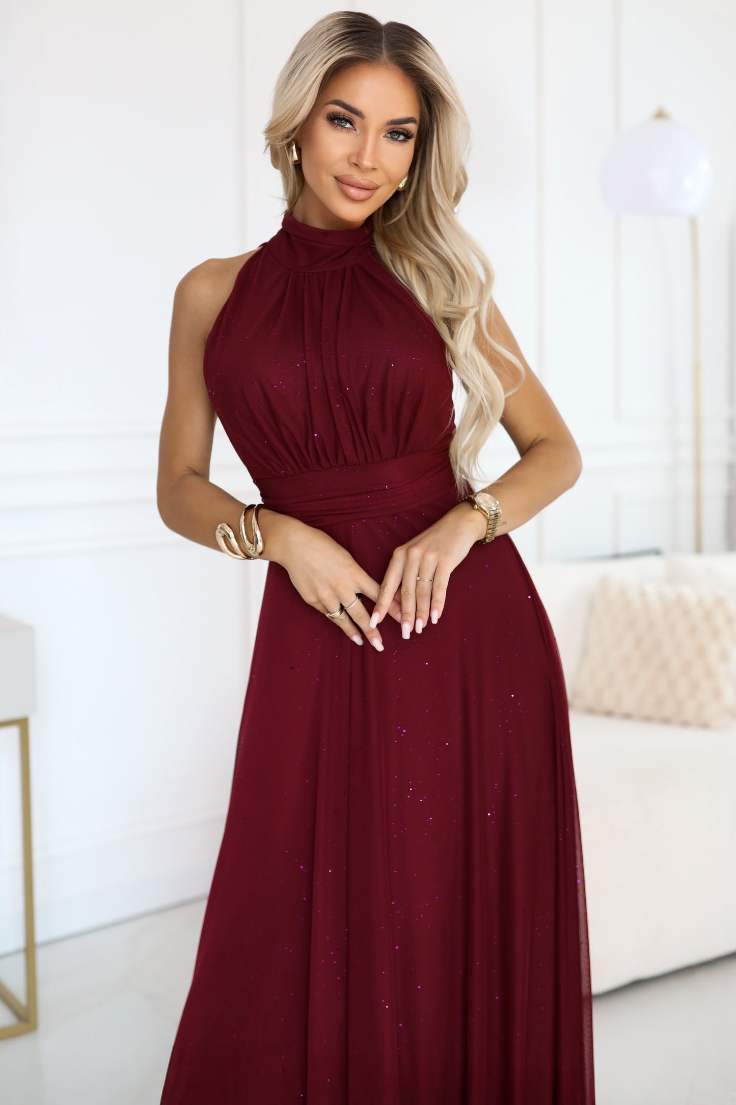 636-1 VERONICA Prabangi ilga suknelė su brokato akcentu ir elegantiška forma - bordo spalvos