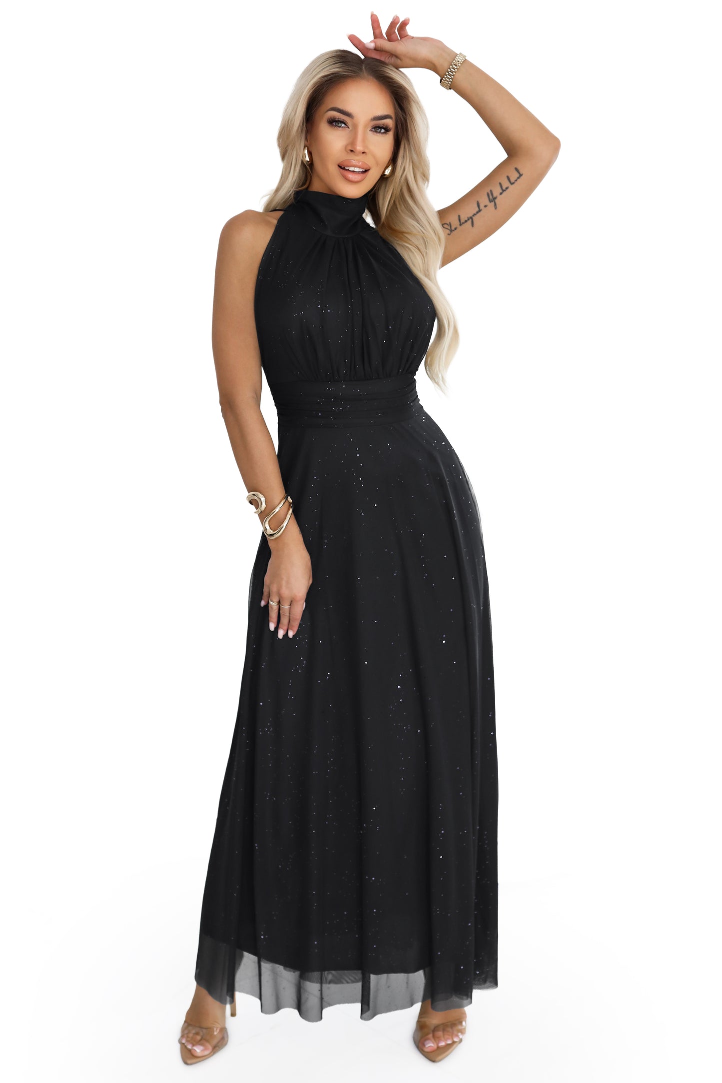 636-3 VERONICA Prabangi ilga suknelė su brokato akcentu ir elegantišku kirpimu - juoda
