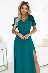 653-1 Elegant long dress with a rose, belt and high slit - bottle green